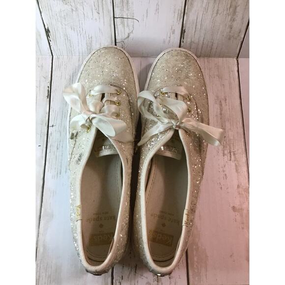 Kate Spade X New York Glitter Cream Keds Ribbon tie platform shoes size 9 - Picture 6 of 9